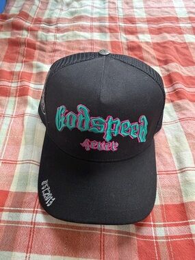 Black Trucker Hat with Teal & Pink 'Godspeed' Embroidery